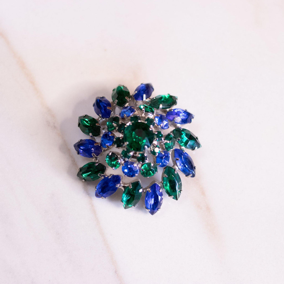 Vintage Blue and Green Rhinestone Medallion Brooch
