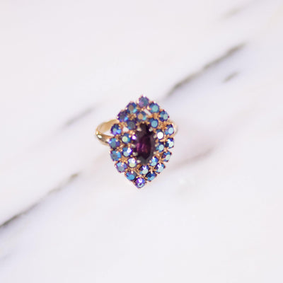 Vintage Blue and Purple Aurora Borealis Rhinestone Ring by Unsigned Beauty - Vintage Meet Modern Vintage Jewelry - Chicago, Illinois - #oldhollywoodglamour #vintagemeetmodern #designervintage #jewelrybox #antiquejewelry #vintagejewelry