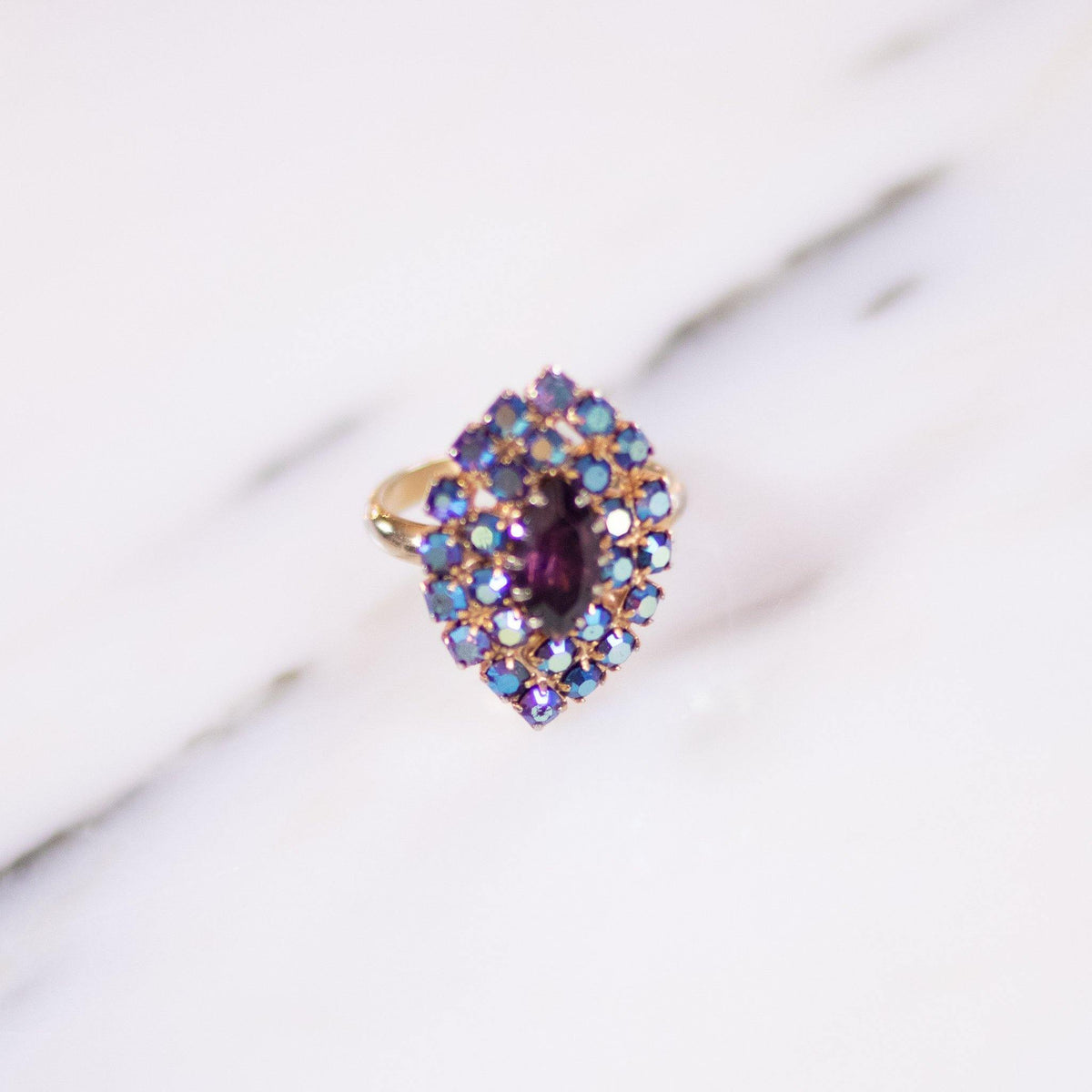 Vintage Blue and Purple Aurora Borealis Rhinestone Ring