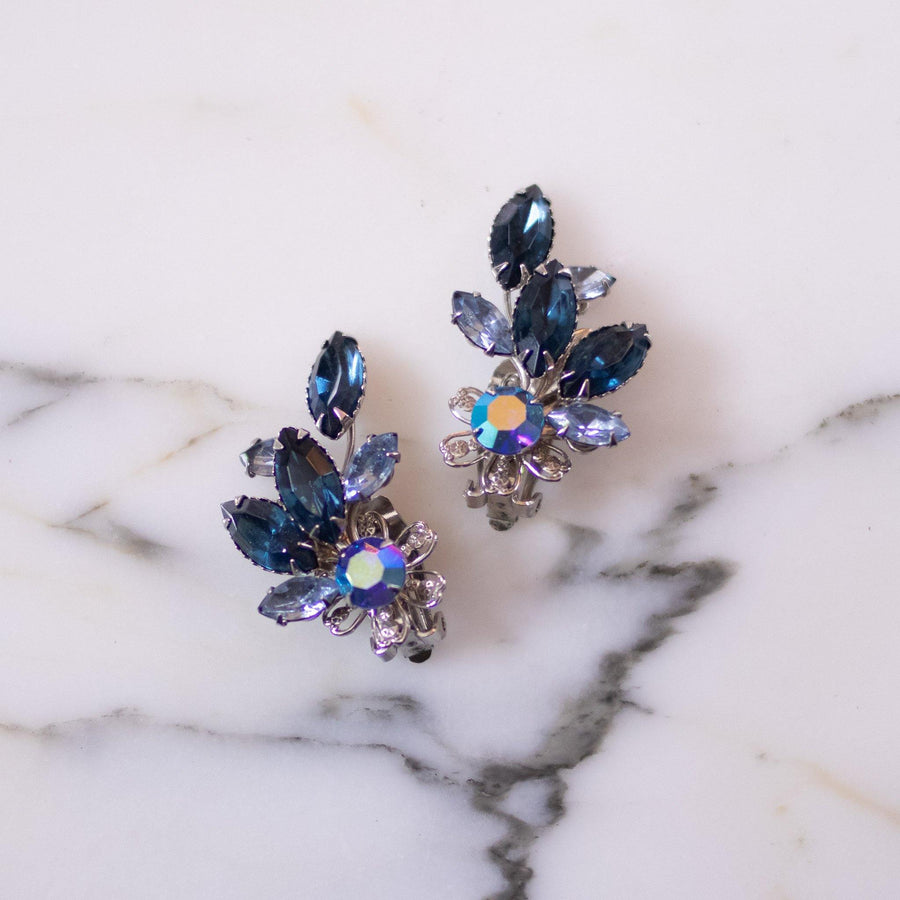 Vintage Blue Rhinestone Ear Crawler Statement Earrings by Unsigned Beauties - Vintage Meet Modern Vintage Jewelry - Chicago, Illinois - #oldhollywoodglamour #vintagemeetmodern #designervintage #jewelrybox #antiquejewelry #vintagejewelry
