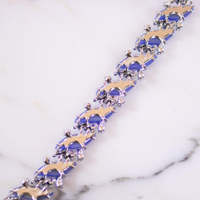 Vintage Blue Thermoset and White Enamel Flowers with Diamante Crystal Bracelet by Unsigned Beauty - Vintage Meet Modern Vintage Jewelry - Chicago, Illinois - #oldhollywoodglamour #vintagemeetmodern #designervintage #jewelrybox #antiquejewelry #vintagejewelry