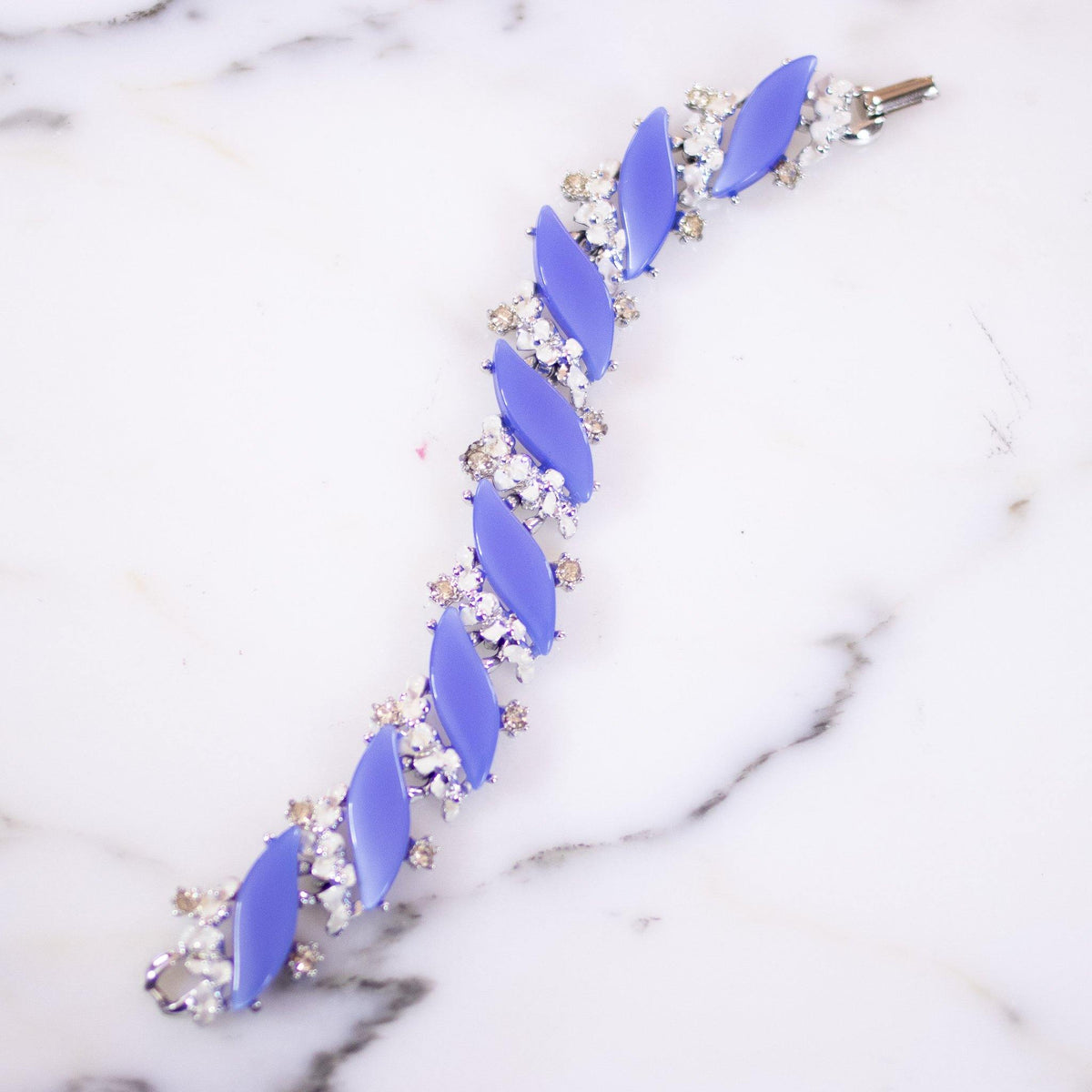 Vintage Blue Thermoset and White Enamel Flowers with Diamante Crystal Bracelet