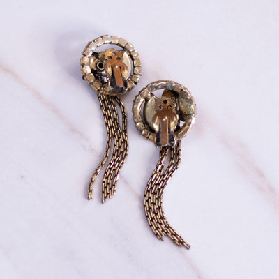 Vintage Brass Chain Tassel Earrings with Aurora Borealis Rhinestones and Rose Motif by Juliana - Vintage Meet Modern Vintage Jewelry - Chicago, Illinois - #oldhollywoodglamour #vintagemeetmodern #designervintage #jewelrybox #antiquejewelry #vintagejewelry