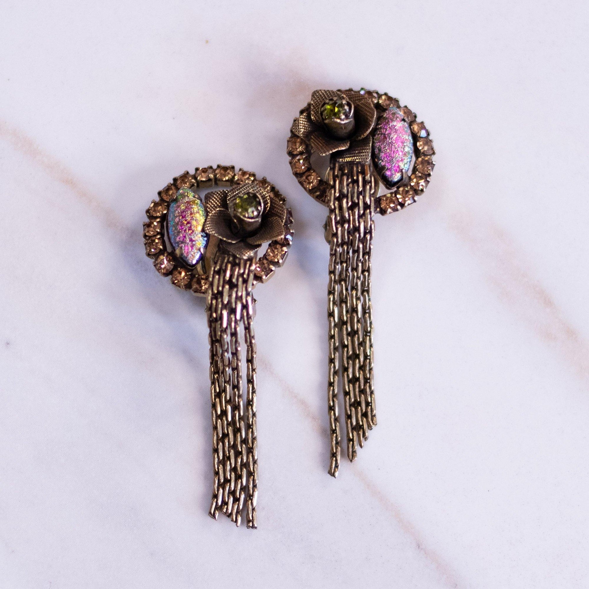 Vintage Brass Chain Tassel Earrings with Aurora Borealis Rhinestones and Rose Motif by Juliana - Vintage Meet Modern Vintage Jewelry - Chicago, Illinois - #oldhollywoodglamour #vintagemeetmodern #designervintage #jewelrybox #antiquejewelry #vintagejewelry