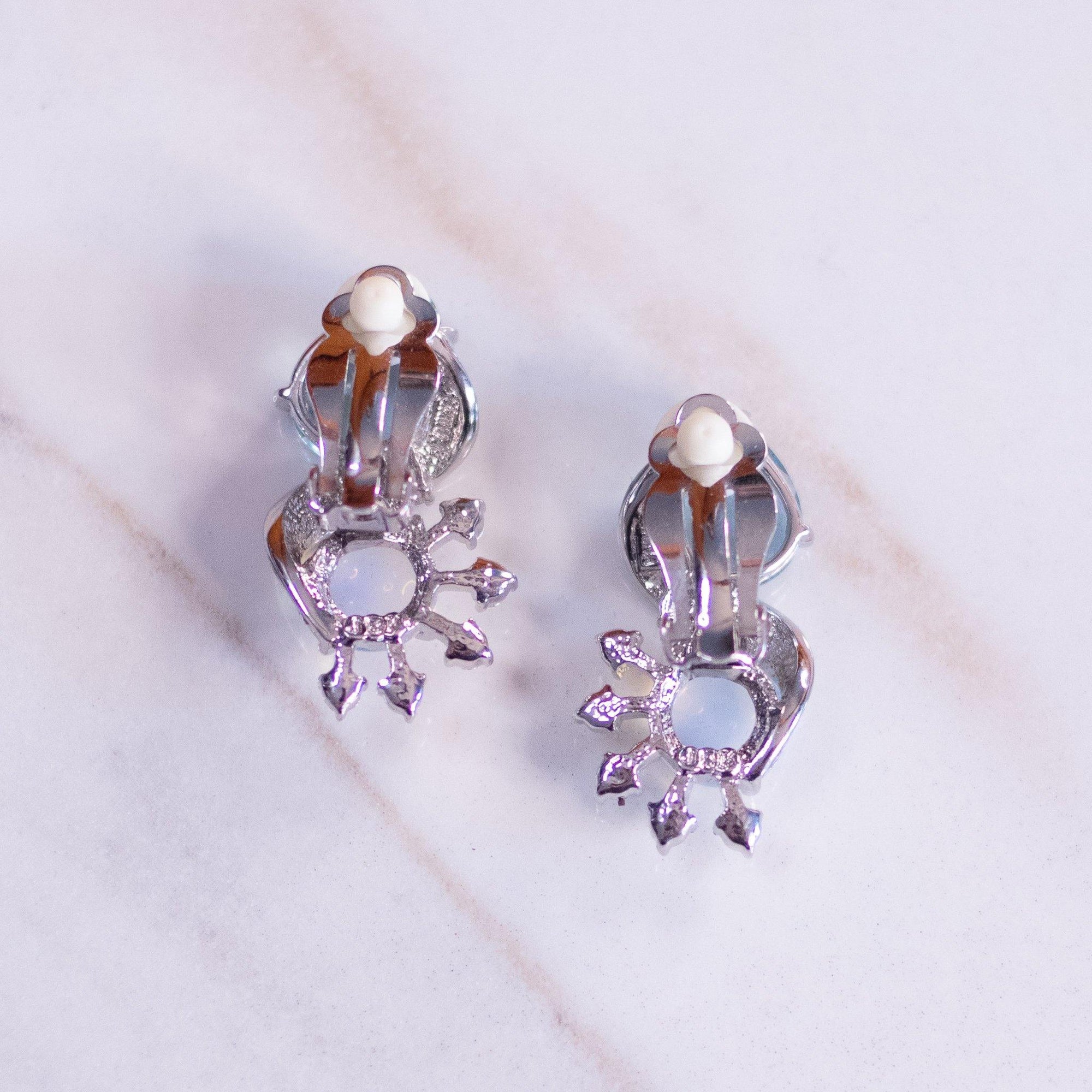 Vintage Camrose and Kross JBK Moonstone and Blue Crystal Earrings by Camrose and Kross - Vintage Meet Modern Vintage Jewelry - Chicago, Illinois - #oldhollywoodglamour #vintagemeetmodern #designervintage #jewelrybox #antiquejewelry #vintagejewelry