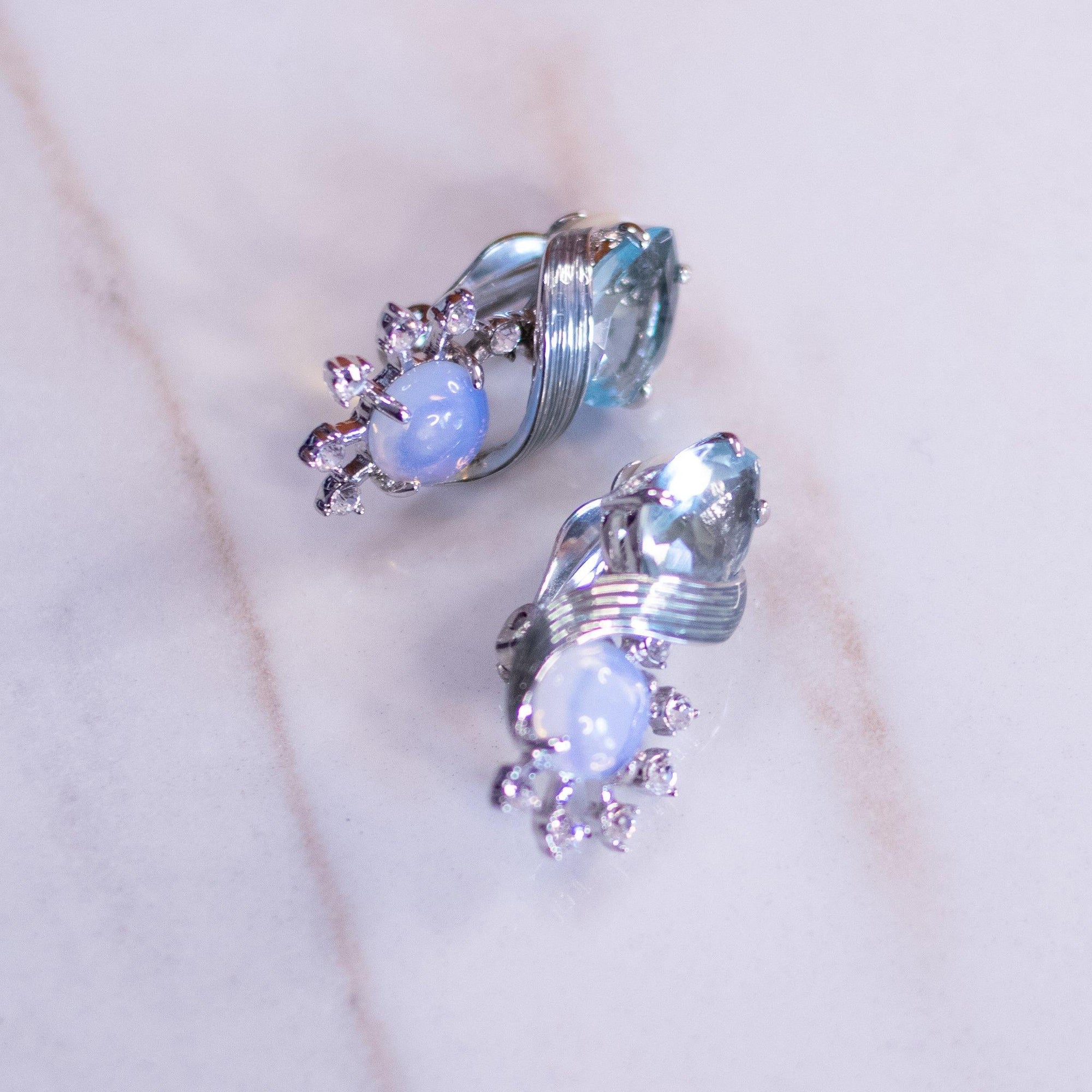 Vintage Camrose and Kross JBK Moonstone and Blue Crystal Earrings by Camrose and Kross - Vintage Meet Modern Vintage Jewelry - Chicago, Illinois - #oldhollywoodglamour #vintagemeetmodern #designervintage #jewelrybox #antiquejewelry #vintagejewelry