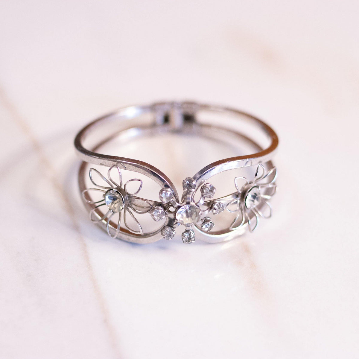 Vintage Clamper Bracelet with Silver Flowers and Rhinestones