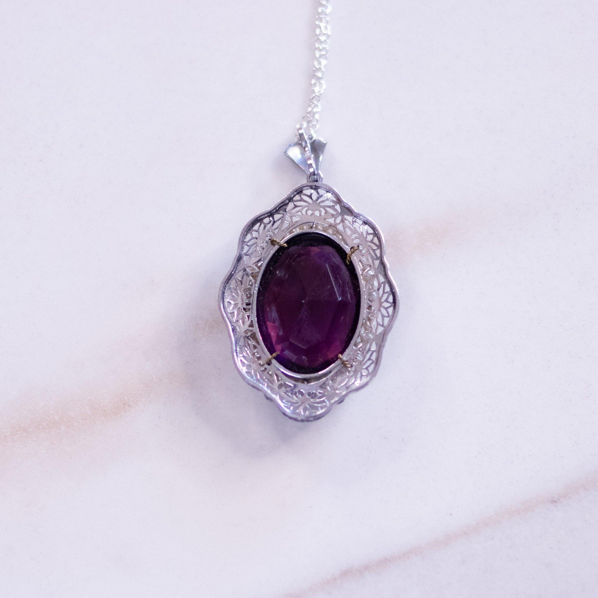 Vintage Edwardian Style Filigree with Purple And Seed Pearl Crystal Pendant Necklace by Unsigned Beauty - Vintage Meet Modern Vintage Jewelry - Chicago, Illinois - #oldhollywoodglamour #vintagemeetmodern #designervintage #jewelrybox #antiquejewelry #vintagejewelry