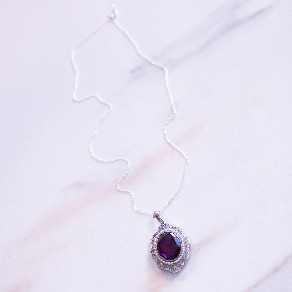 Vintage Edwardian Style Filigree with Purple And Seed Pearl Crystal Pendant Necklace