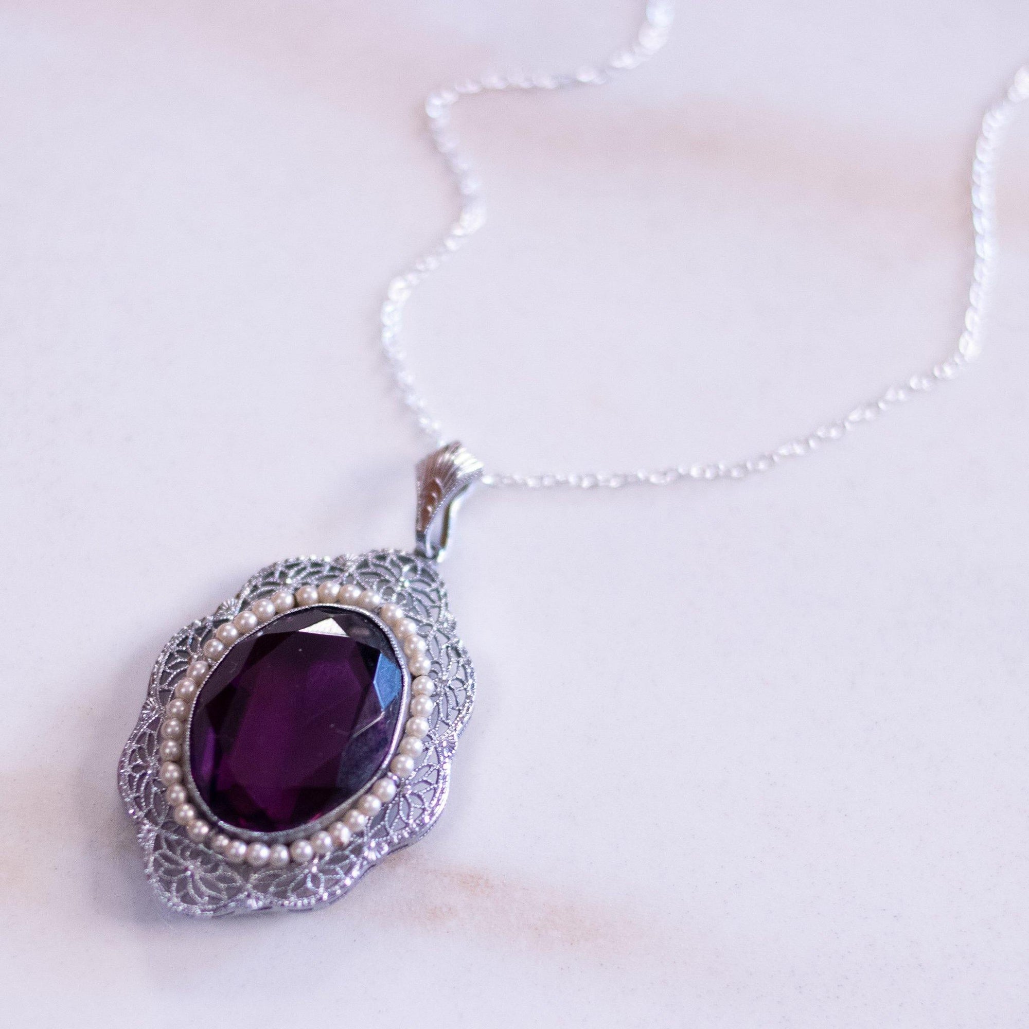 Vintage Edwardian Style Filigree with Purple And Seed Pearl Crystal Pendant Necklace by Unsigned Beauty - Vintage Meet Modern Vintage Jewelry - Chicago, Illinois - #oldhollywoodglamour #vintagemeetmodern #designervintage #jewelrybox #antiquejewelry #vintagejewelry