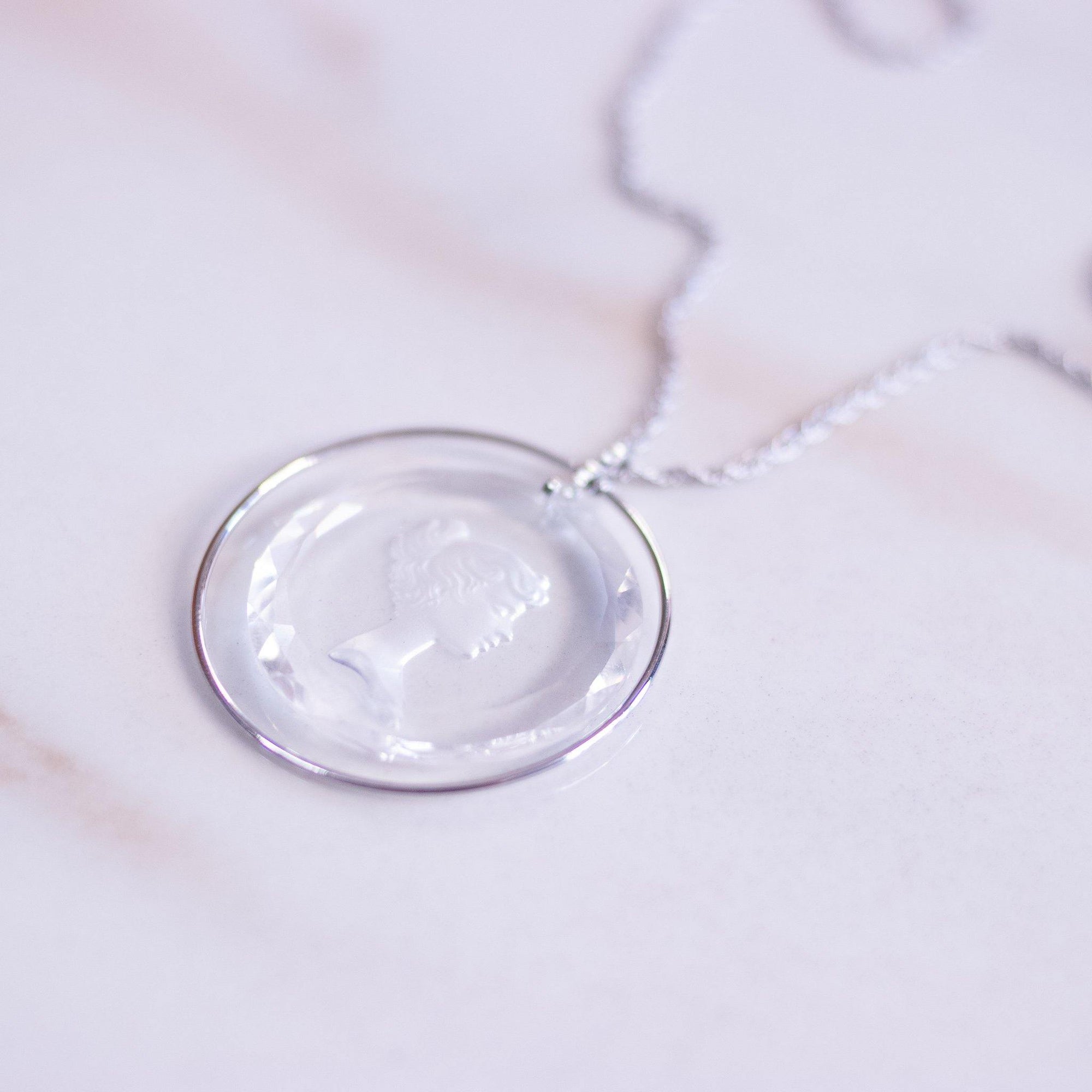 Vintage Etch Crystal Cameo Necklace by 1960s Vintage - Vintage Meet Modern Vintage Jewelry - Chicago, Illinois - #oldhollywoodglamour #vintagemeetmodern #designervintage #jewelrybox #antiquejewelry #vintagejewelry