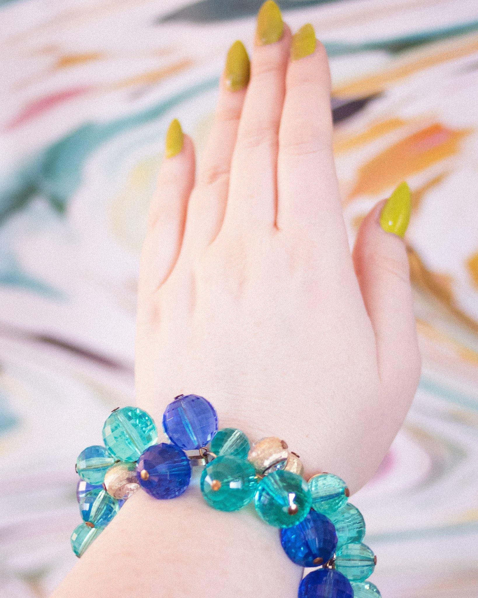 Vintage Faceted Blue and Green Faceted Lucite and Gold Rhinestone Charm Bracelet by Unsigned Beauty - Vintage Meet Modern Vintage Jewelry - Chicago, Illinois - #oldhollywoodglamour #vintagemeetmodern #designervintage #jewelrybox #antiquejewelry #vintagejewelry