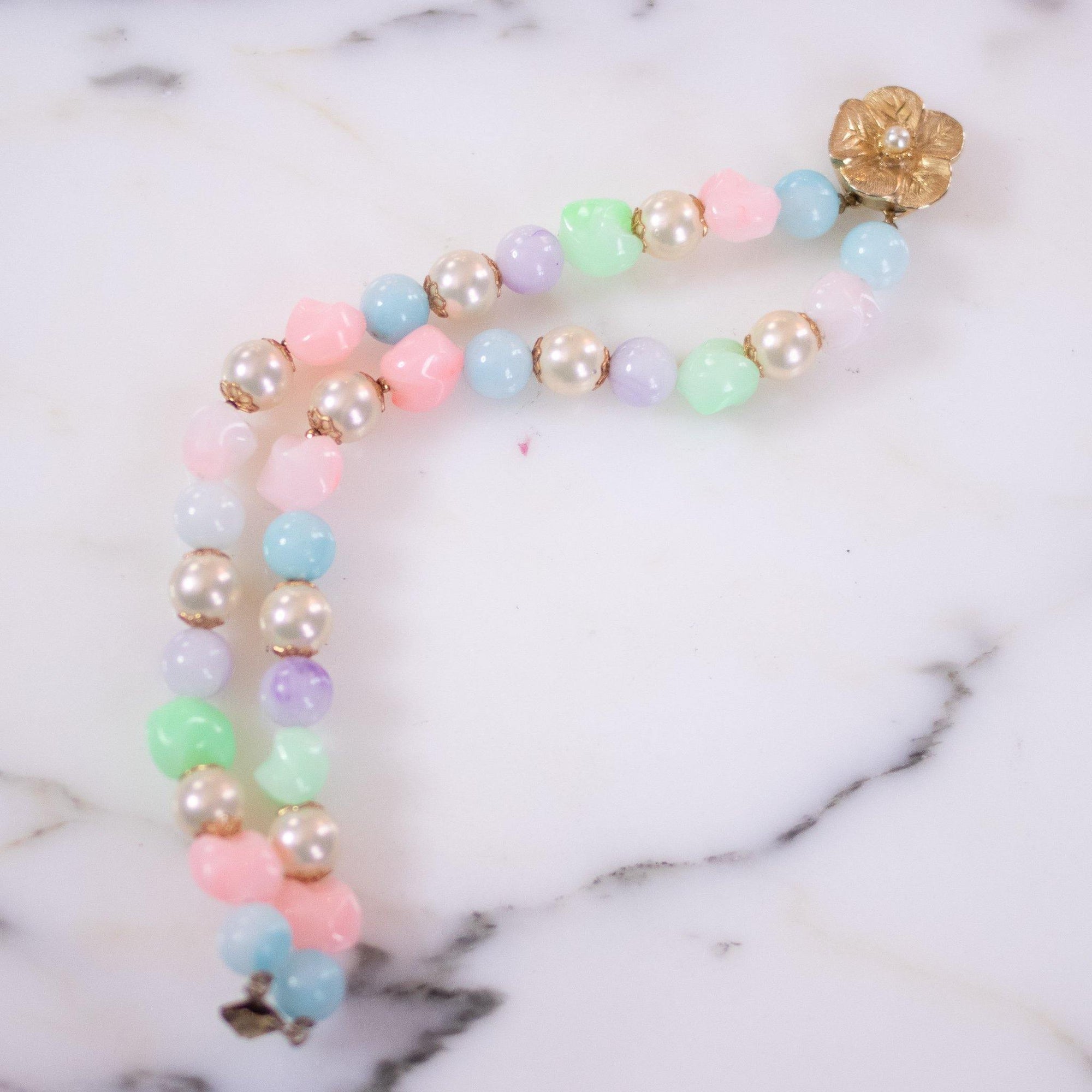 Vintage Faux Pearl and Green, Pink, Purple, Blue Bead Double Strand Bracelet by Unsigned Beauty - Vintage Meet Modern Vintage Jewelry - Chicago, Illinois - #oldhollywoodglamour #vintagemeetmodern #designervintage #jewelrybox #antiquejewelry #vintagejewelry