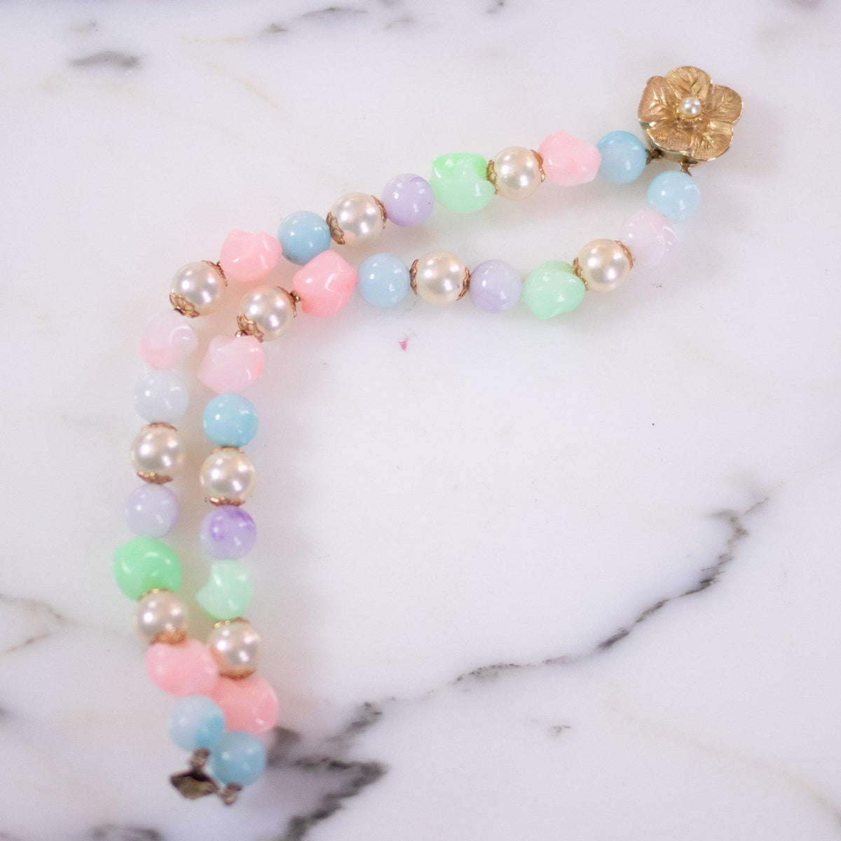 Vintage Faux Pearl and Green, Pink, Purple, Blue Bead Double Strand Bracelet