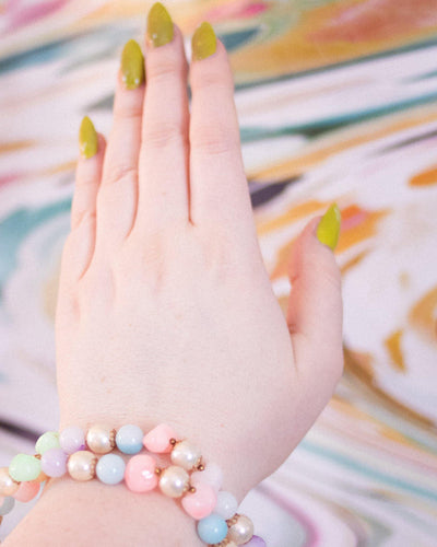 Vintage Faux Pearl and Green, Pink, Purple, Blue Bead Double Strand Bracelet by Unsigned Beauty - Vintage Meet Modern Vintage Jewelry - Chicago, Illinois - #oldhollywoodglamour #vintagemeetmodern #designervintage #jewelrybox #antiquejewelry #vintagejewelry