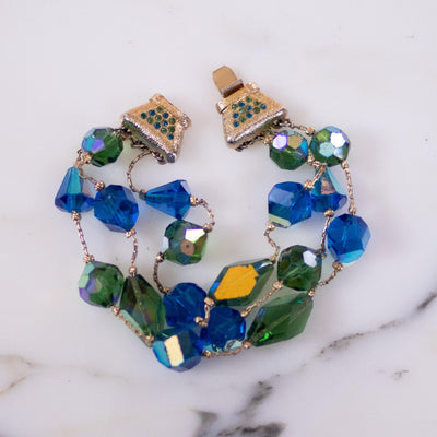 Vintage Vendome Floated Crystal Blue and Green Aurora Borealis Double Strand Bracelet by Vendome - Vintage Meet Modern Vintage Jewelry - Chicago, Illinois - #oldhollywoodglamour #vintagemeetmodern #designervintage #jewelrybox #antiquejewelry #vintagejewelry