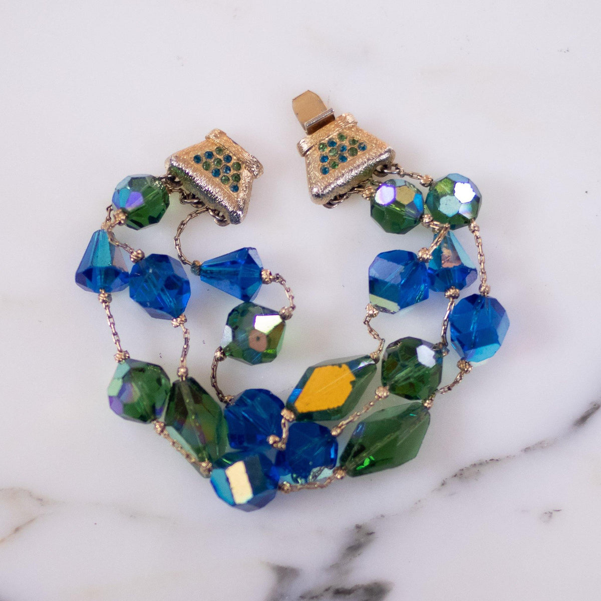 Vintage Vendome Floated Crystal Blue and Green Aurora Borealis Double Strand Bracelet