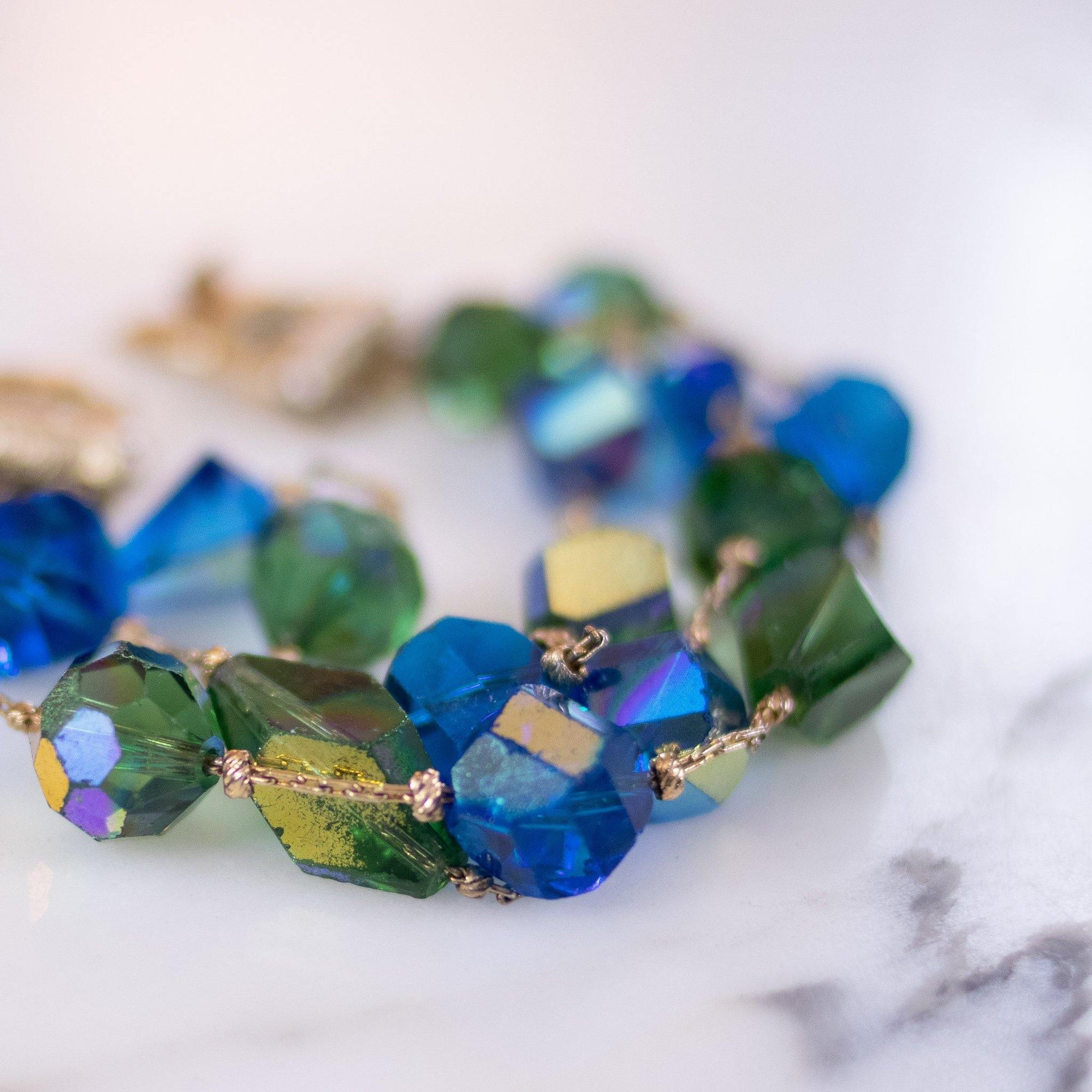 Vintage Vendome Floated Crystal Blue and Green Aurora Borealis Double Strand Bracelet by Vendome - Vintage Meet Modern Vintage Jewelry - Chicago, Illinois - #oldhollywoodglamour #vintagemeetmodern #designervintage #jewelrybox #antiquejewelry #vintagejewelry