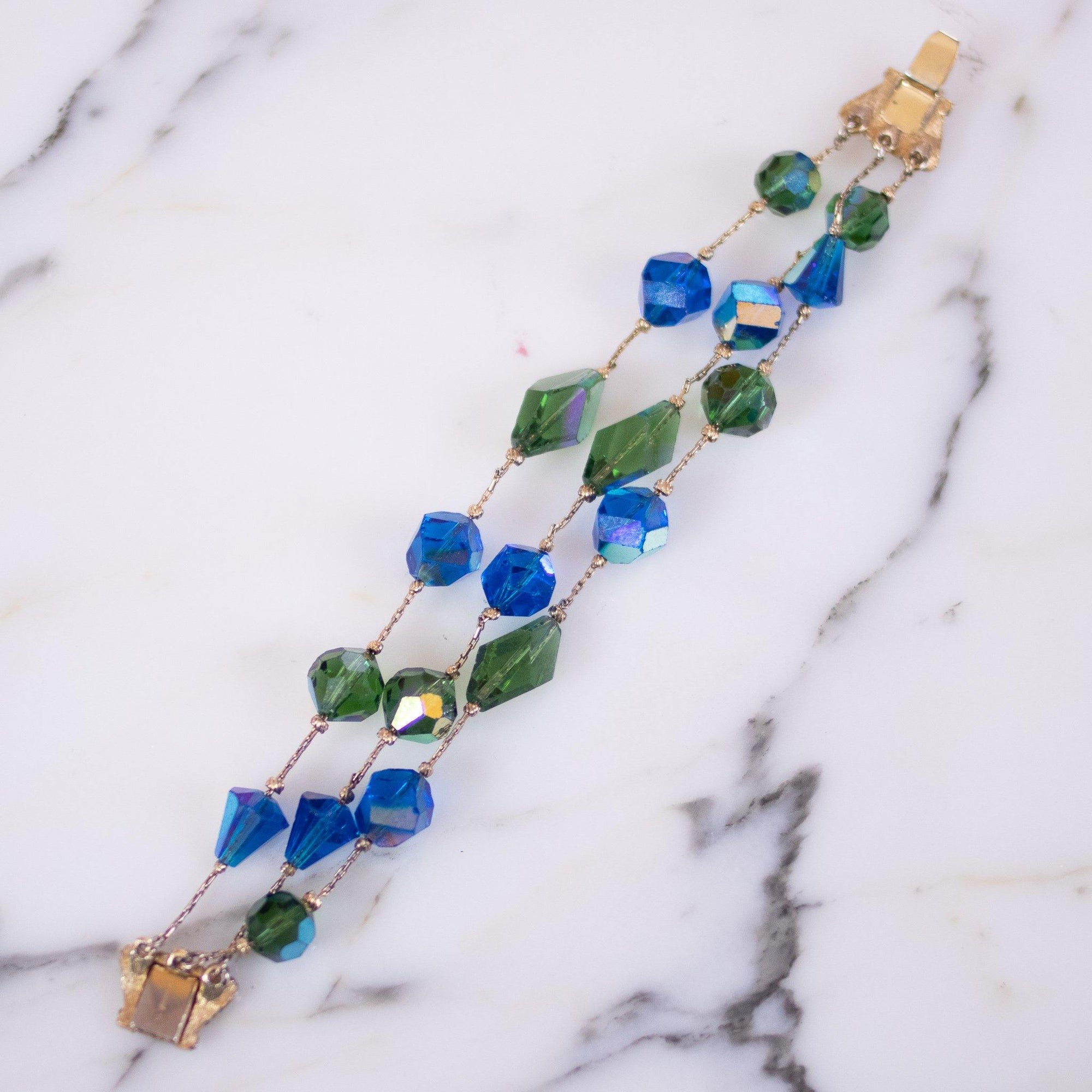 Vintage Vendome Floated Crystal Blue and Green Aurora Borealis Double Strand Bracelet by Vendome - Vintage Meet Modern Vintage Jewelry - Chicago, Illinois - #oldhollywoodglamour #vintagemeetmodern #designervintage #jewelrybox #antiquejewelry #vintagejewelry
