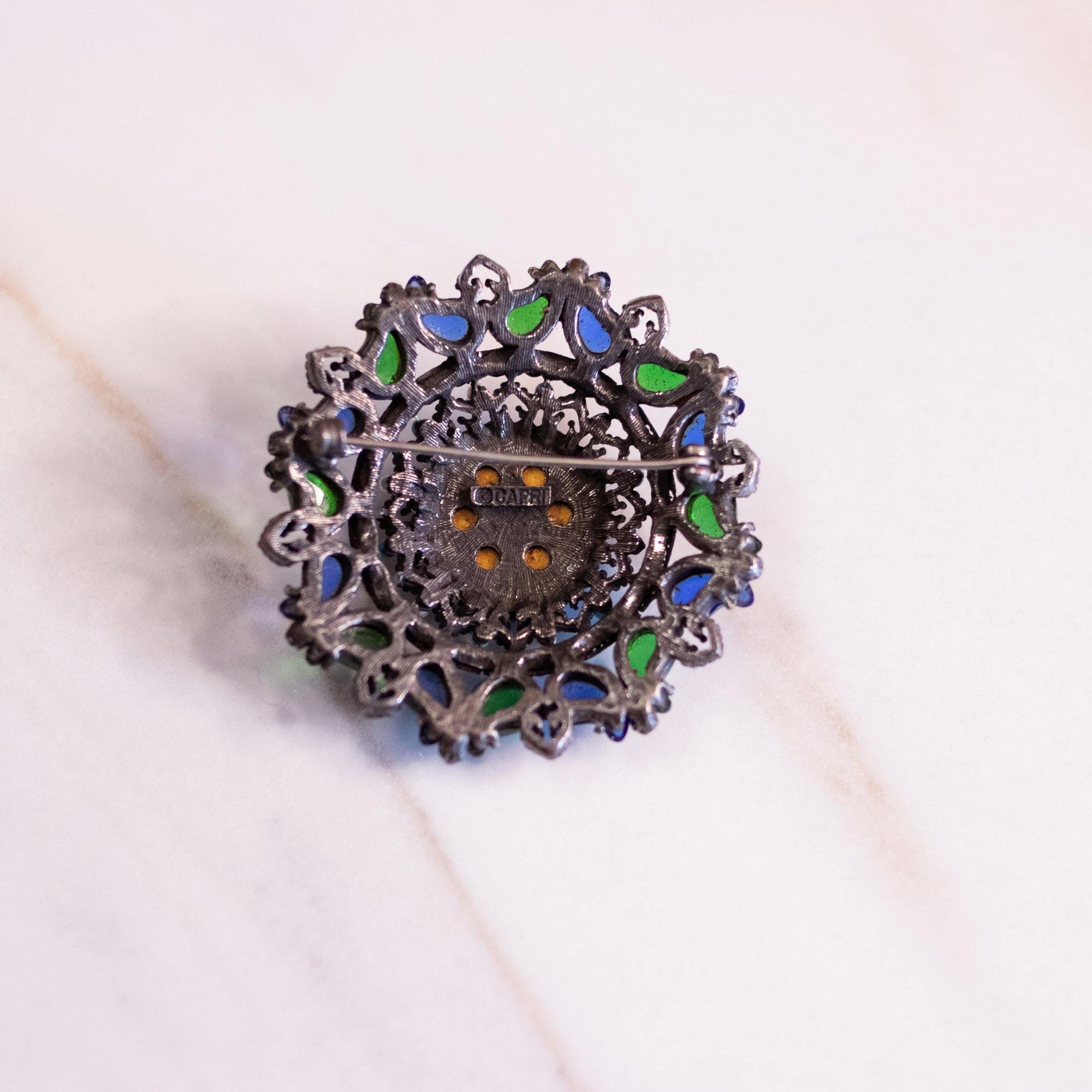 Vintage Florenza Blue Green Rhinestone Brooch with Diamante Crystals, Faux Pearls and Turquoise Beads by Florenza - Vintage Meet Modern Vintage Jewelry - Chicago, Illinois - #oldhollywoodglamour #vintagemeetmodern #designervintage #jewelrybox #antiquejewelry #vintagejewelry