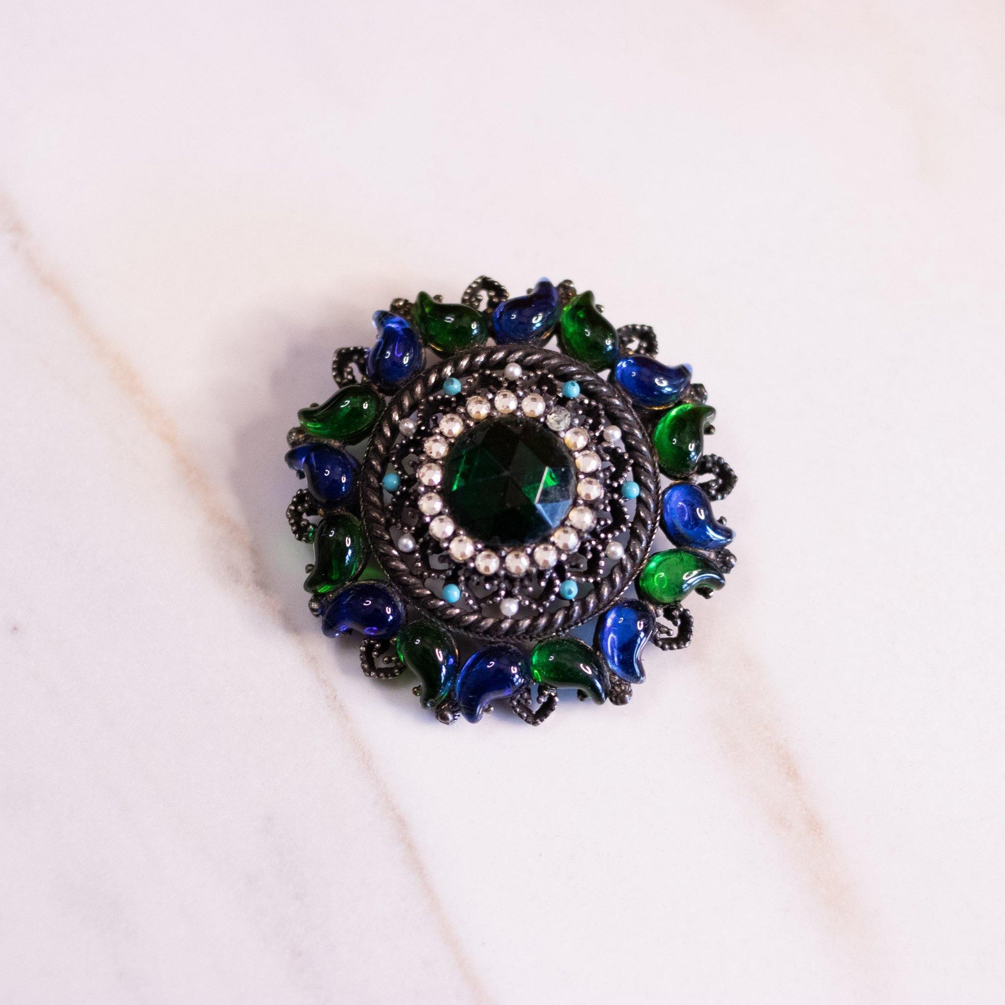Vintage Florenza Blue Green Rhinestone Brooch with Diamante Crystals, Faux Pearls and Turquoise Beads by Florenza - Vintage Meet Modern Vintage Jewelry - Chicago, Illinois - #oldhollywoodglamour #vintagemeetmodern #designervintage #jewelrybox #antiquejewelry #vintagejewelry