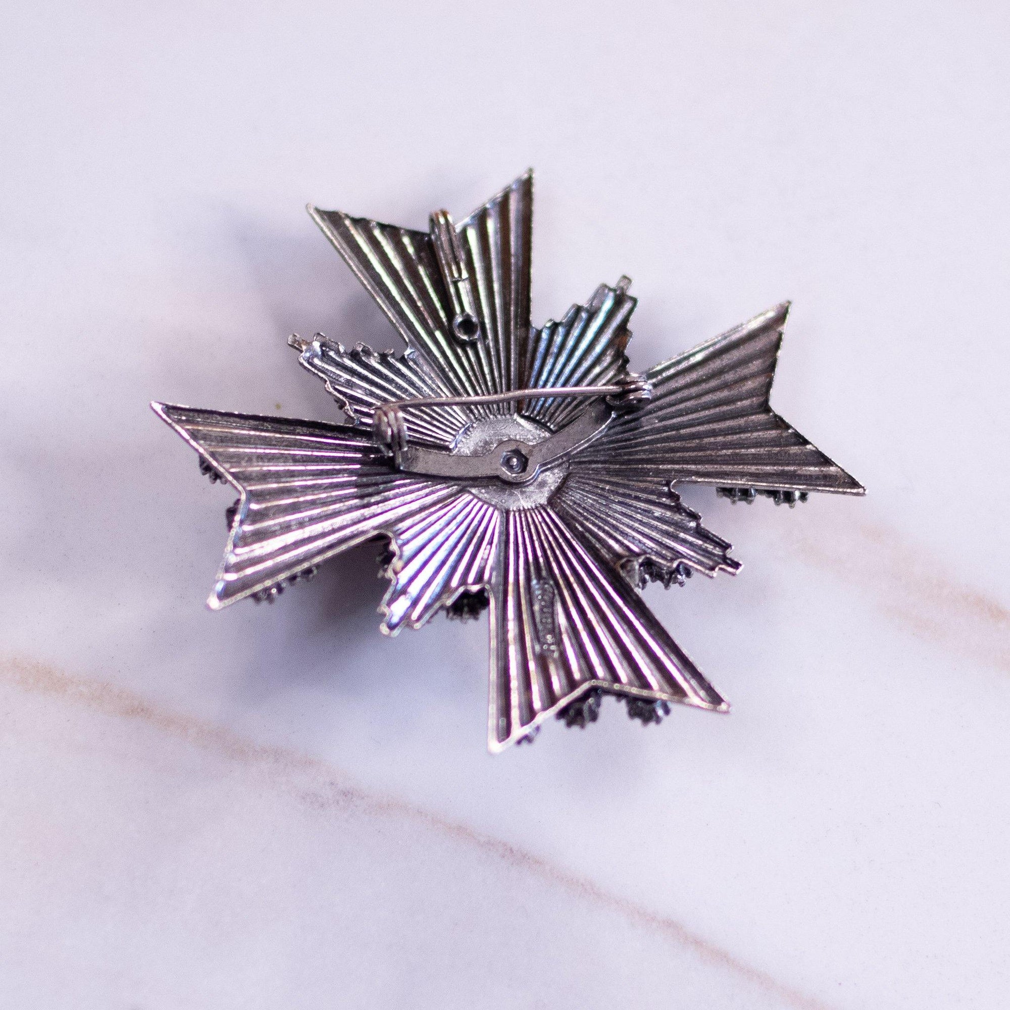 Vintage Florenza Maltese Cross Brooch with Blue and Purple Rhinestones by Florenza - Vintage Meet Modern Vintage Jewelry - Chicago, Illinois - #oldhollywoodglamour #vintagemeetmodern #designervintage #jewelrybox #antiquejewelry #vintagejewelry