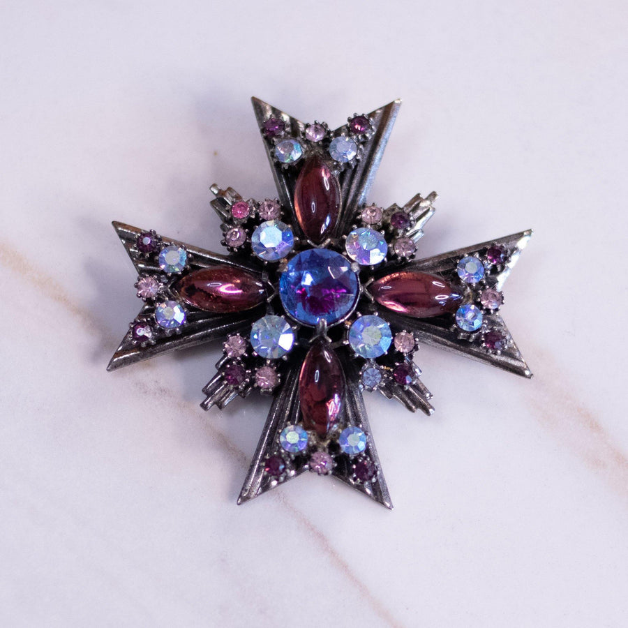 Vintage Florenza Maltese Cross Brooch with Blue and Purple Rhinestones by Florenza - Vintage Meet Modern Vintage Jewelry - Chicago, Illinois - #oldhollywoodglamour #vintagemeetmodern #designervintage #jewelrybox #antiquejewelry #vintagejewelry