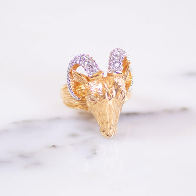 Vintage Gold Ram with Diamante Crystal Statement Ring by Unsigned Beauty - Vintage Meet Modern Vintage Jewelry - Chicago, Illinois - #oldhollywoodglamour #vintagemeetmodern #designervintage #jewelrybox #antiquejewelry #vintagejewelry