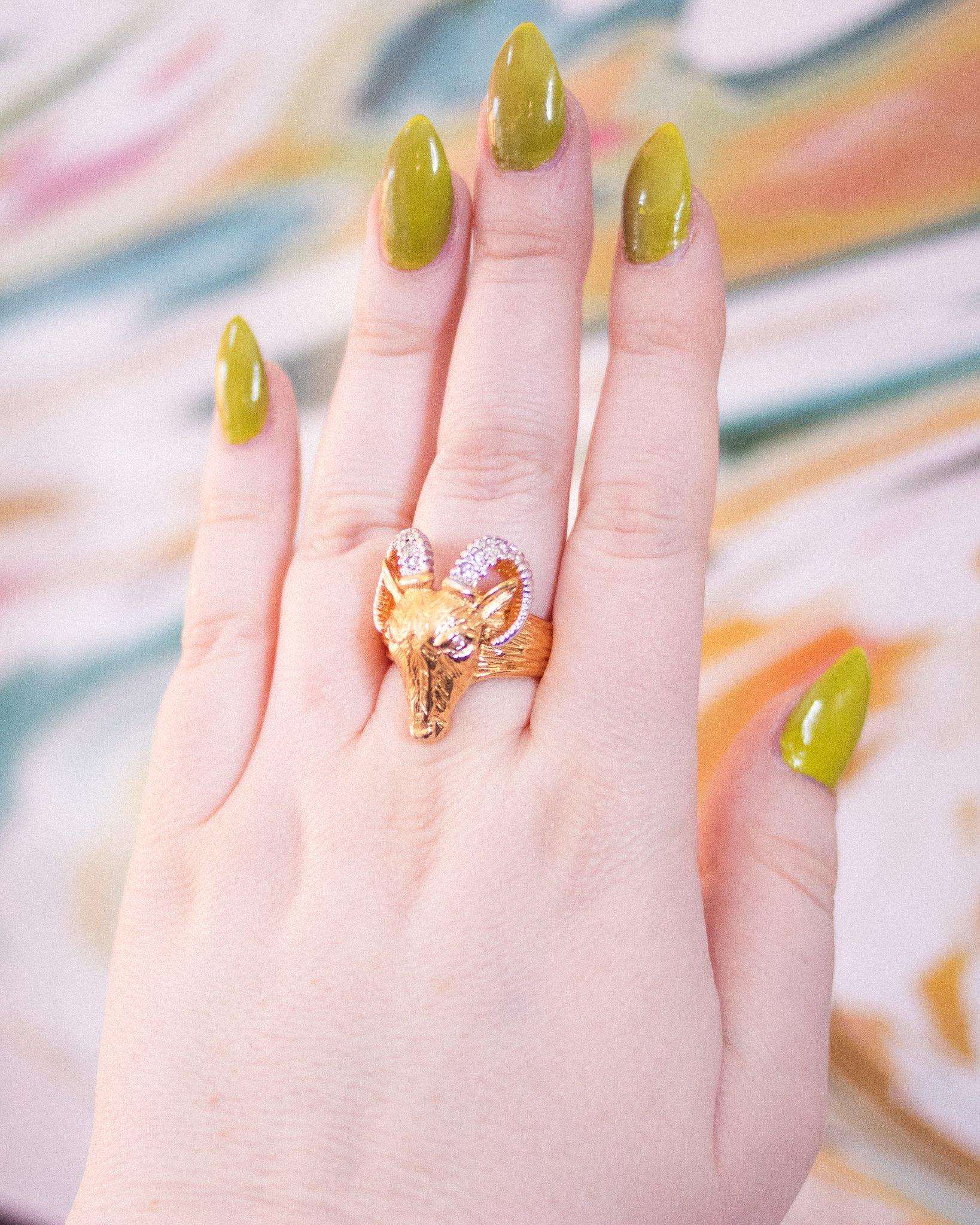 Vintage Gold Ram with Diamante Crystal Statement Ring by Unsigned Beauty - Vintage Meet Modern Vintage Jewelry - Chicago, Illinois - #oldhollywoodglamour #vintagemeetmodern #designervintage #jewelrybox #antiquejewelry #vintagejewelry