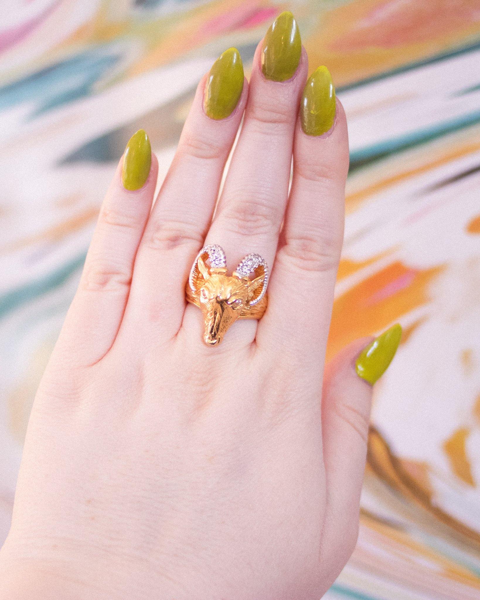 Vintage Gold Ram with Diamante Crystal Statement Ring by Unsigned Beauty - Vintage Meet Modern Vintage Jewelry - Chicago, Illinois - #oldhollywoodglamour #vintagemeetmodern #designervintage #jewelrybox #antiquejewelry #vintagejewelry