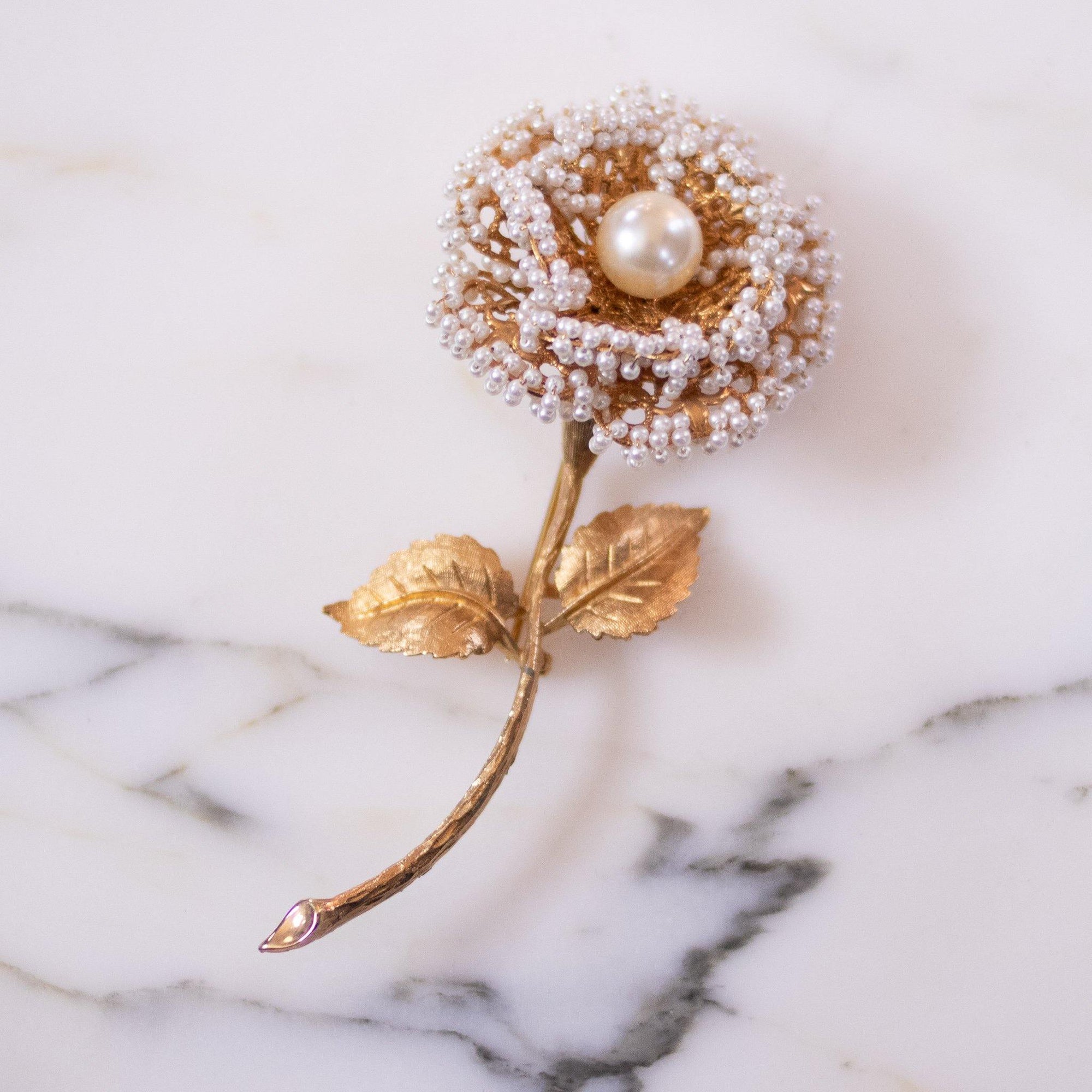 Vintage Gold Rose Brooch with Seed Pearls by Unsigned Beauty - Vintage Meet Modern Vintage Jewelry - Chicago, Illinois - #oldhollywoodglamour #vintagemeetmodern #designervintage #jewelrybox #antiquejewelry #vintagejewelry
