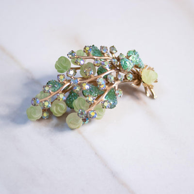 Vintage Green Rhinestone with Glass Flowers Brooch by Unsigned Beauty - Vintage Meet Modern Vintage Jewelry - Chicago, Illinois - #oldhollywoodglamour #vintagemeetmodern #designervintage #jewelrybox #antiquejewelry #vintagejewelry