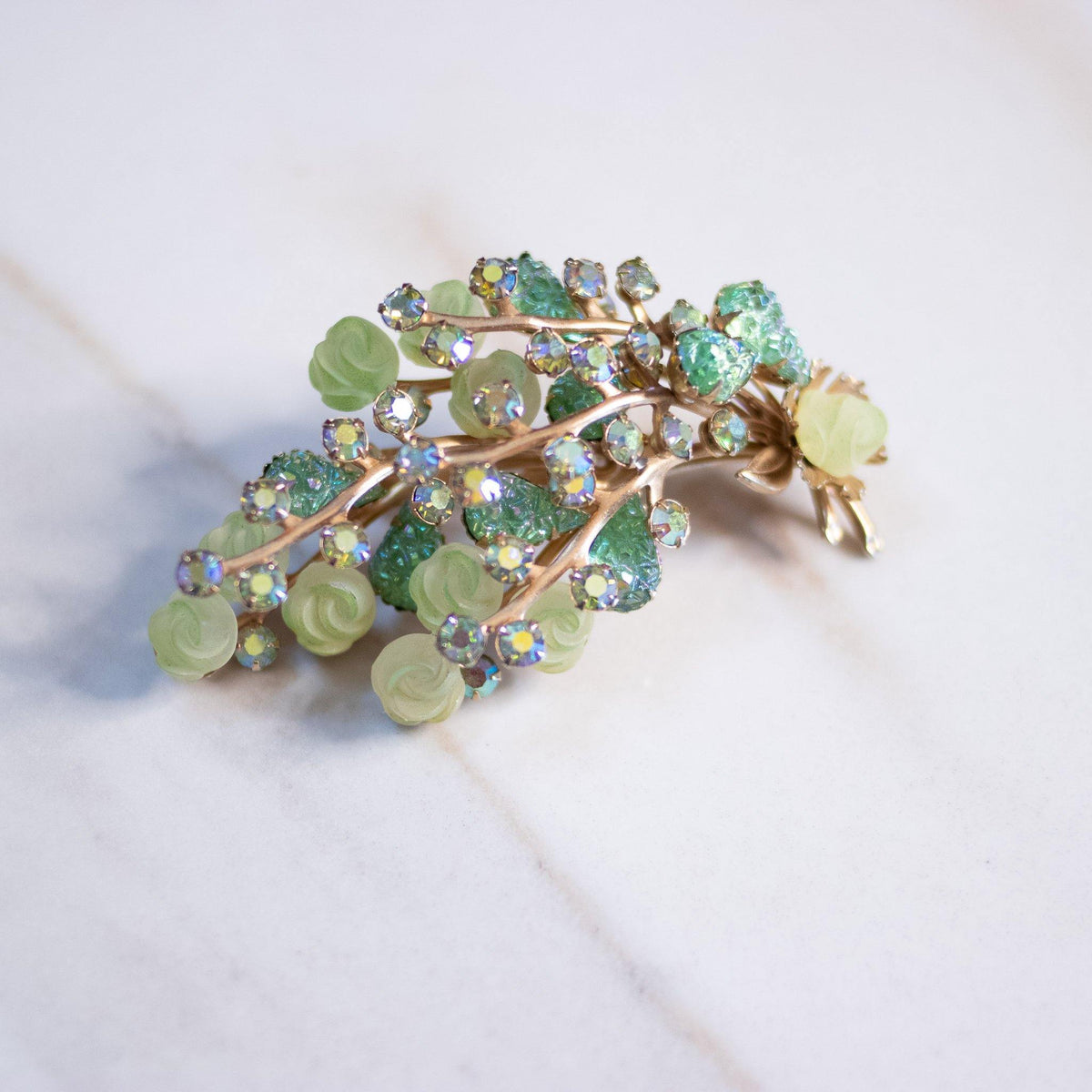 Vintage Green Rhinestone with Glass Flowers Brooch