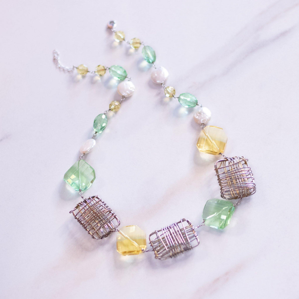 Vintage Green and Yellow Quartz, Coin Pearl and Silver Wire Necklace