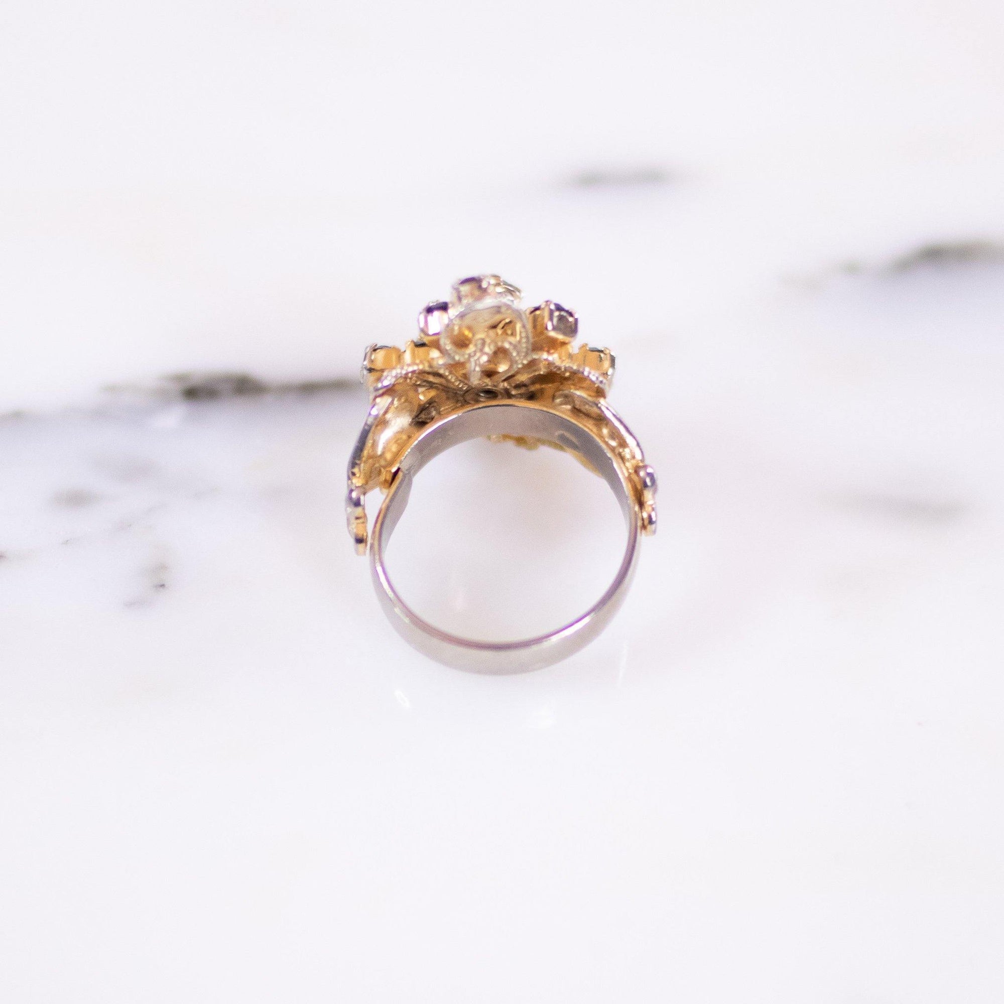 Vintage Speckled Jade Glass and Seed Pearls Adjustable Ring by Unsigned Beauty - Vintage Meet Modern Vintage Jewelry - Chicago, Illinois - #oldhollywoodglamour #vintagemeetmodern #designervintage #jewelrybox #antiquejewelry #vintagejewelry