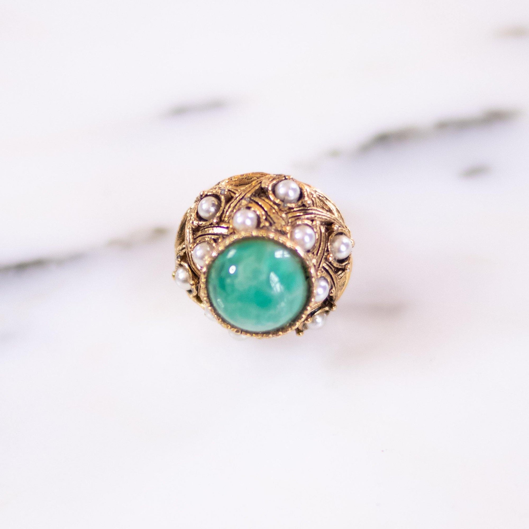 Vintage Speckled Jade Glass and Seed Pearls Adjustable Ring by Unsigned Beauty - Vintage Meet Modern Vintage Jewelry - Chicago, Illinois - #oldhollywoodglamour #vintagemeetmodern #designervintage #jewelrybox #antiquejewelry #vintagejewelry
