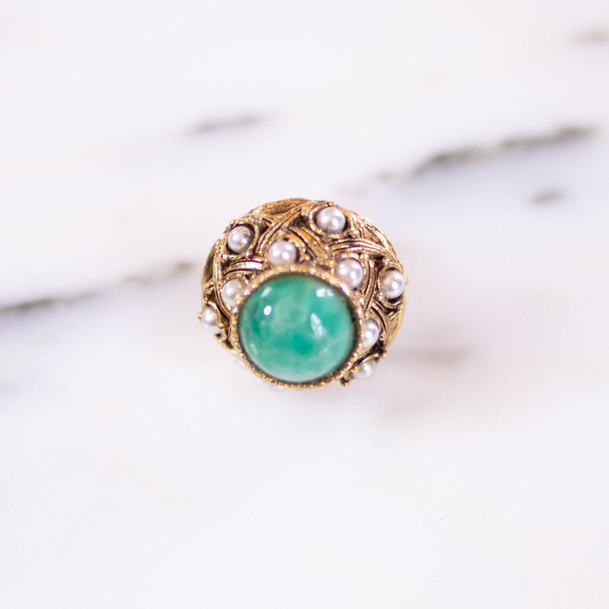 Vintage Speckled Jade Glass and Seed Pearls Adjustable Ring