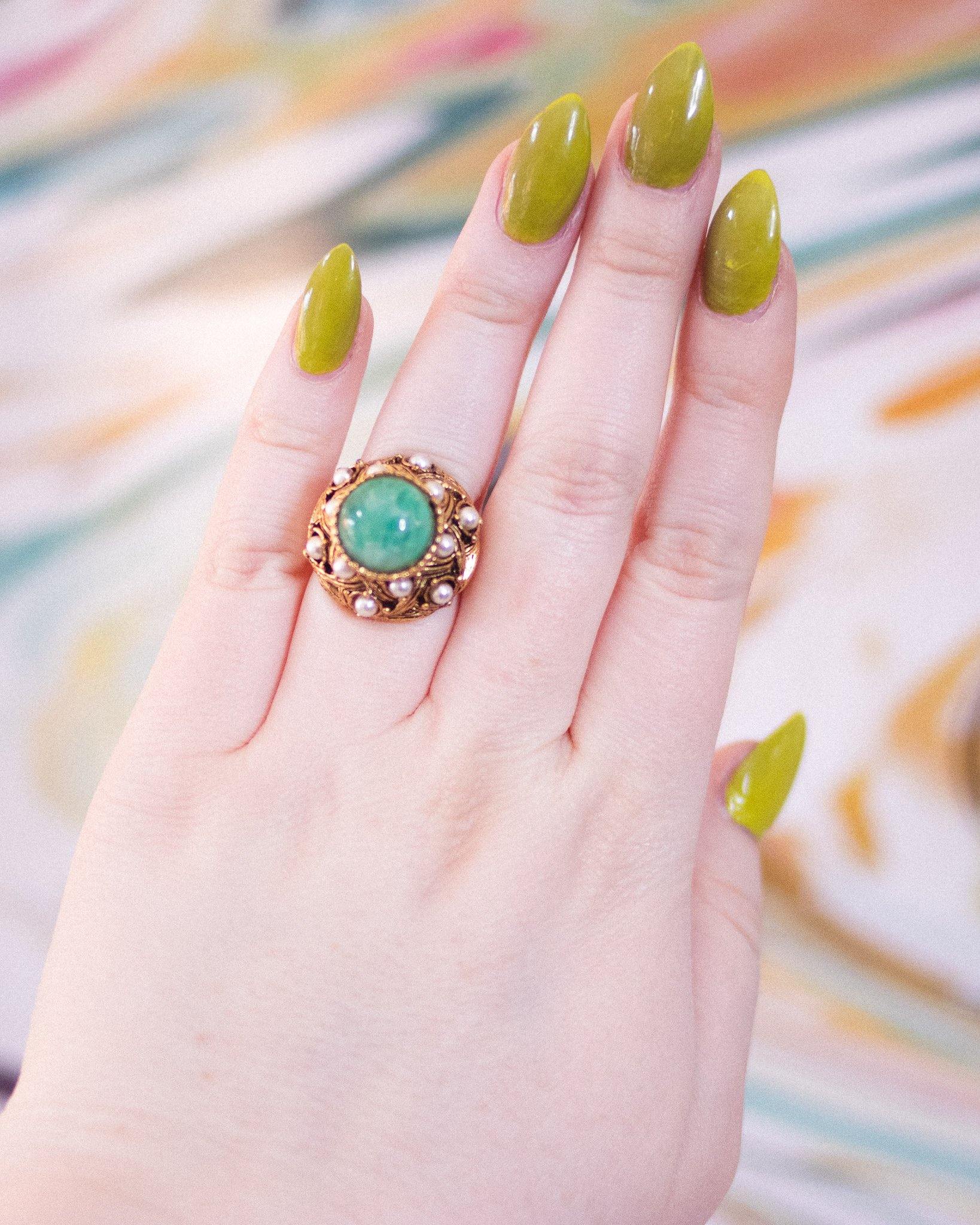 Vintage Speckled Jade Glass and Seed Pearls Adjustable Ring by Unsigned Beauty - Vintage Meet Modern Vintage Jewelry - Chicago, Illinois - #oldhollywoodglamour #vintagemeetmodern #designervintage #jewelrybox #antiquejewelry #vintagejewelry