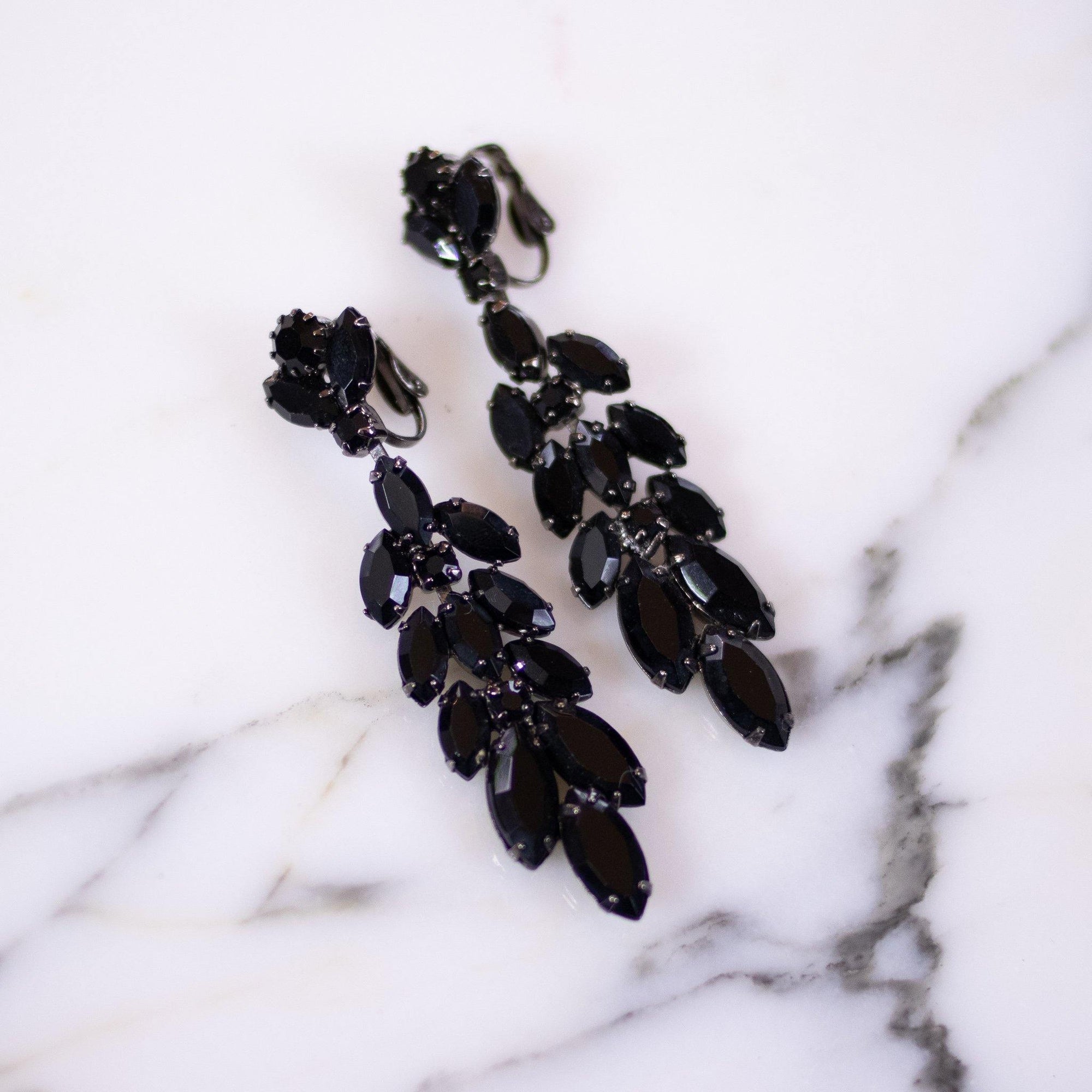 Vintage Jet Crystal Dangling Statement Earrings by Made in Austria - Vintage Meet Modern Vintage Jewelry - Chicago, Illinois - #oldhollywoodglamour #vintagemeetmodern #designervintage #jewelrybox #antiquejewelry #vintagejewelry