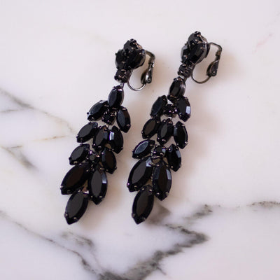 Vintage Jet Crystal Dangling Statement Earrings by Made in Austria - Vintage Meet Modern Vintage Jewelry - Chicago, Illinois - #oldhollywoodglamour #vintagemeetmodern #designervintage #jewelrybox #antiquejewelry #vintagejewelry