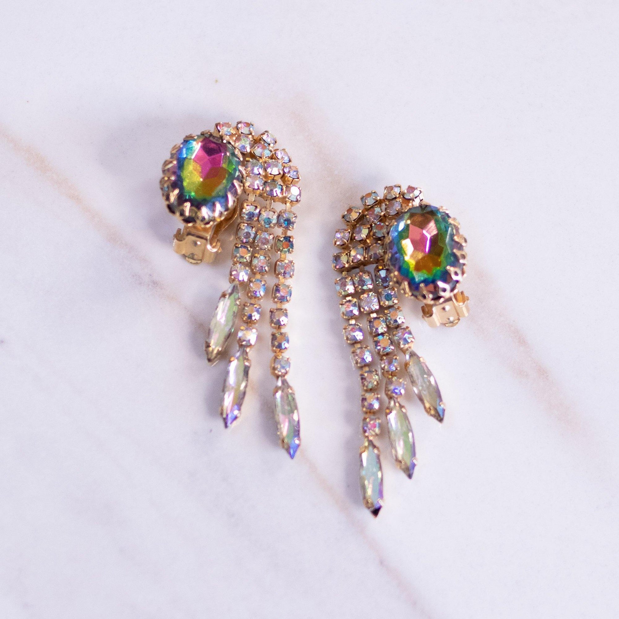Vintage Juliana Heliotrope and Aurora Borealis Dangling Statement Earrings by Juliana - Vintage Meet Modern Vintage Jewelry - Chicago, Illinois - #oldhollywoodglamour #vintagemeetmodern #designervintage #jewelrybox #antiquejewelry #vintagejewelry