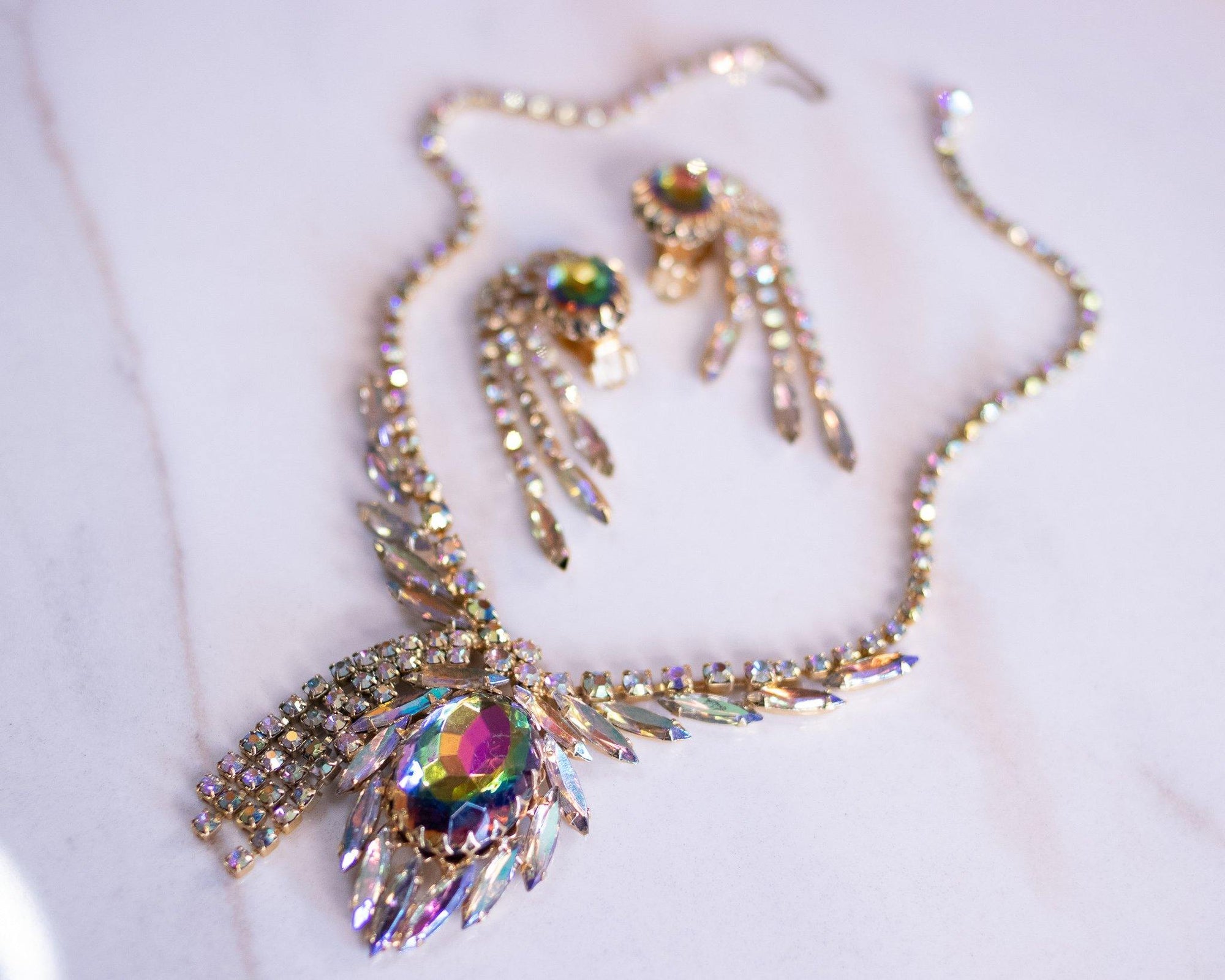 Vintage Juliana Heliotrope and Aurora Borealis Rhinestone Statement Necklace by Juliana - Vintage Meet Modern Vintage Jewelry - Chicago, Illinois - #oldhollywoodglamour #vintagemeetmodern #designervintage #jewelrybox #antiquejewelry #vintagejewelry