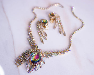 Vintage Juliana Heliotrope and Aurora Borealis Rhinestone Statement Necklace by Juliana - Vintage Meet Modern Vintage Jewelry - Chicago, Illinois - #oldhollywoodglamour #vintagemeetmodern #designervintage #jewelrybox #antiquejewelry #vintagejewelry