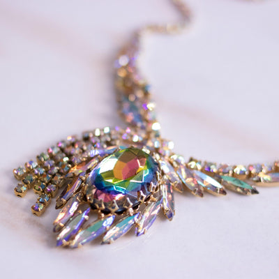 Vintage Juliana Heliotrope and Aurora Borealis Rhinestone Statement Necklace by Juliana - Vintage Meet Modern Vintage Jewelry - Chicago, Illinois - #oldhollywoodglamour #vintagemeetmodern #designervintage #jewelrybox #antiquejewelry #vintagejewelry