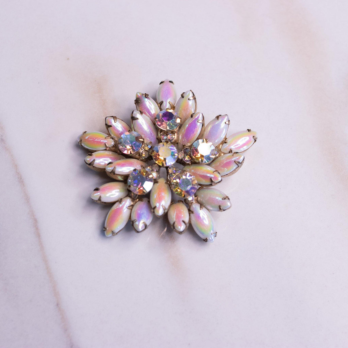 Vintage Juliana White Aurora Borealis Milk Glass Brooch