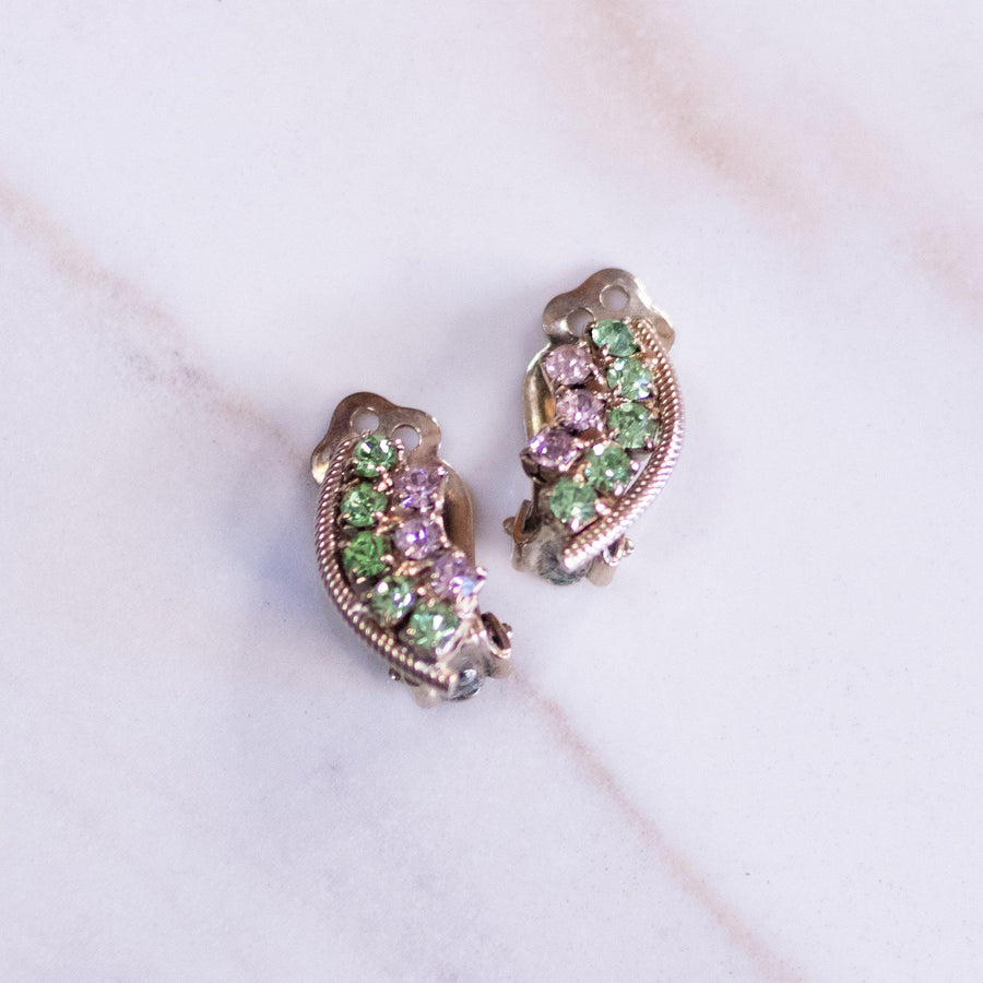 Vintage Kramer NY Petite Green and Pink Rhinestone Earrings by Kramer NY - Vintage Meet Modern Vintage Jewelry - Chicago, Illinois - #oldhollywoodglamour #vintagemeetmodern #designervintage #jewelrybox #antiquejewelry #vintagejewelry