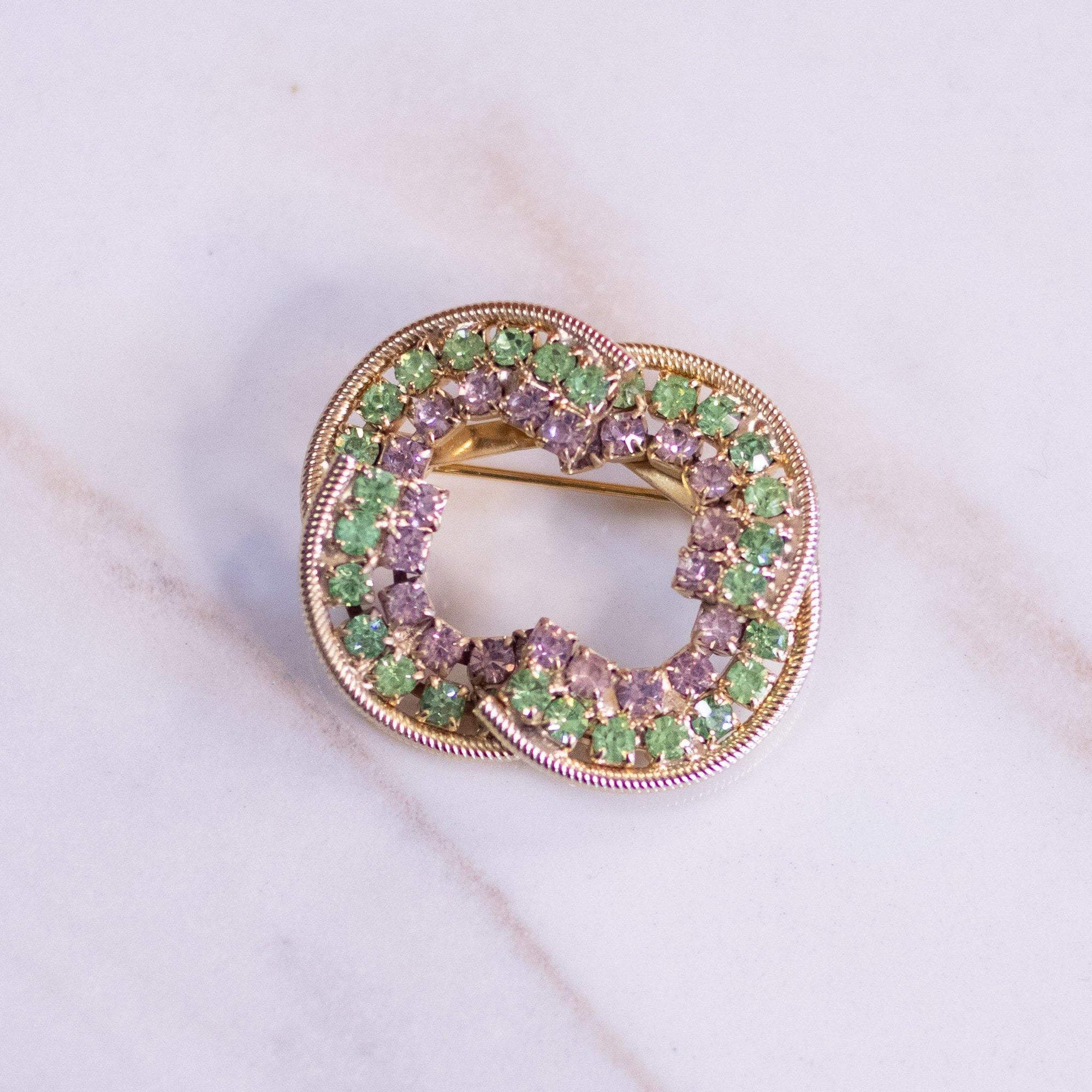 Vintage Kramer NY Pink and Green Rhinestone Brooch by Kramer NY - Vintage Meet Modern Vintage Jewelry - Chicago, Illinois - #oldhollywoodglamour #vintagemeetmodern #designervintage #jewelrybox #antiquejewelry #vintagejewelry