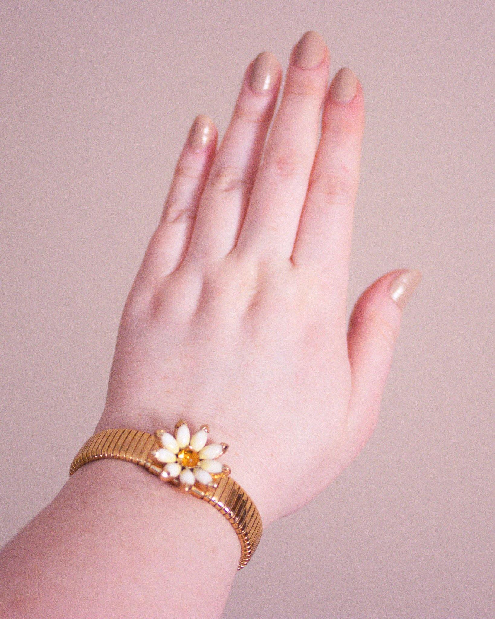 Vintage Kramer NY Rhinestone Daisy Gold Expansion Bracelet by Kramer NY - Vintage Meet Modern Vintage Jewelry - Chicago, Illinois - #oldhollywoodglamour #vintagemeetmodern #designervintage #jewelrybox #antiquejewelry #vintagejewelry