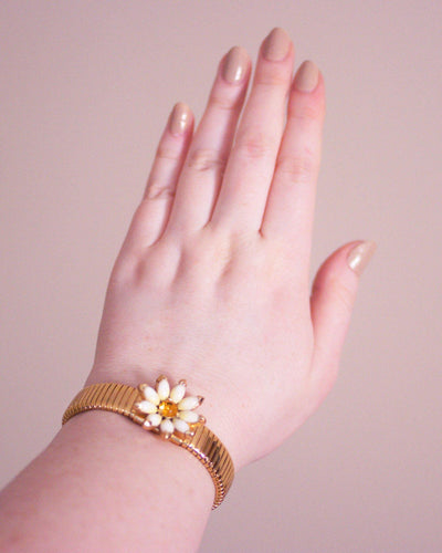 Vintage Kramer NY Rhinestone Daisy Gold Expansion Bracelet by Kramer NY - Vintage Meet Modern Vintage Jewelry - Chicago, Illinois - #oldhollywoodglamour #vintagemeetmodern #designervintage #jewelrybox #antiquejewelry #vintagejewelry