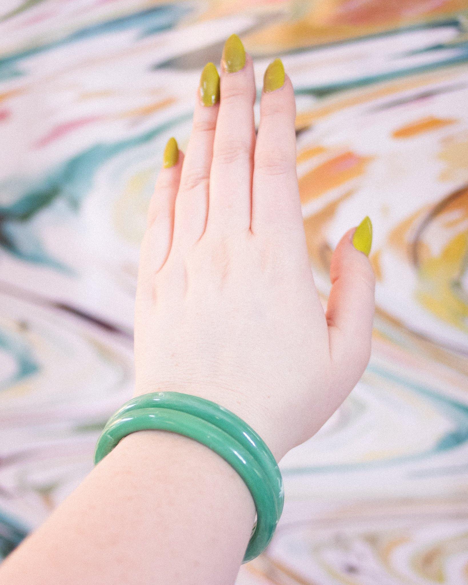 Vintage Lisner Faux Jade Lucite Bangle Bracelets by Lisner - Vintage Meet Modern Vintage Jewelry - Chicago, Illinois - #oldhollywoodglamour #vintagemeetmodern #designervintage #jewelrybox #antiquejewelry #vintagejewelry